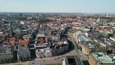 aerial pan of copenhagen, denmark above nyhavn harbor