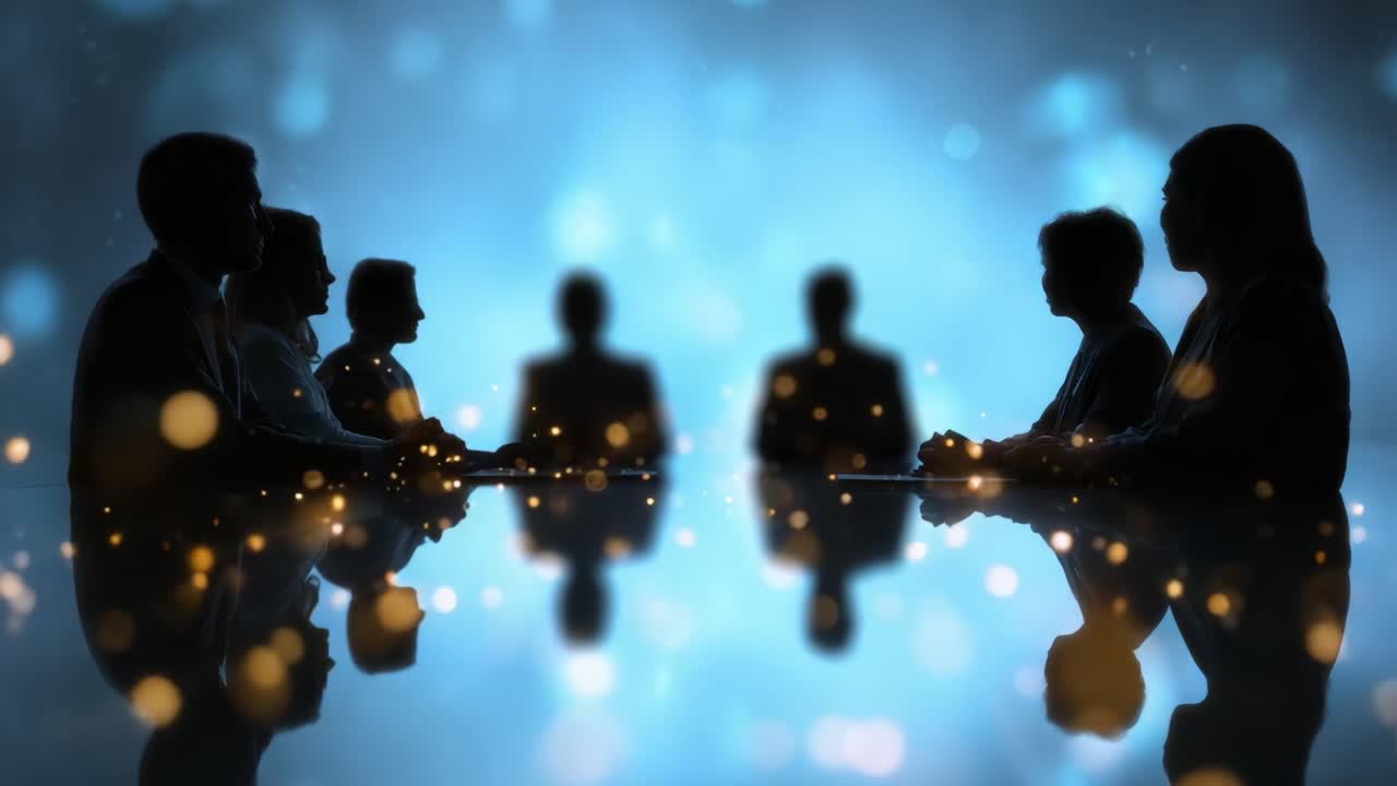 En gruppe professionelle i en diskussion, silhuet mod en skinnende blå baggrund, der formidler teamwork og samarbejde i en moderne setting