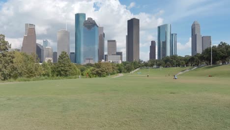 low angle drone view of downtown houston skyline