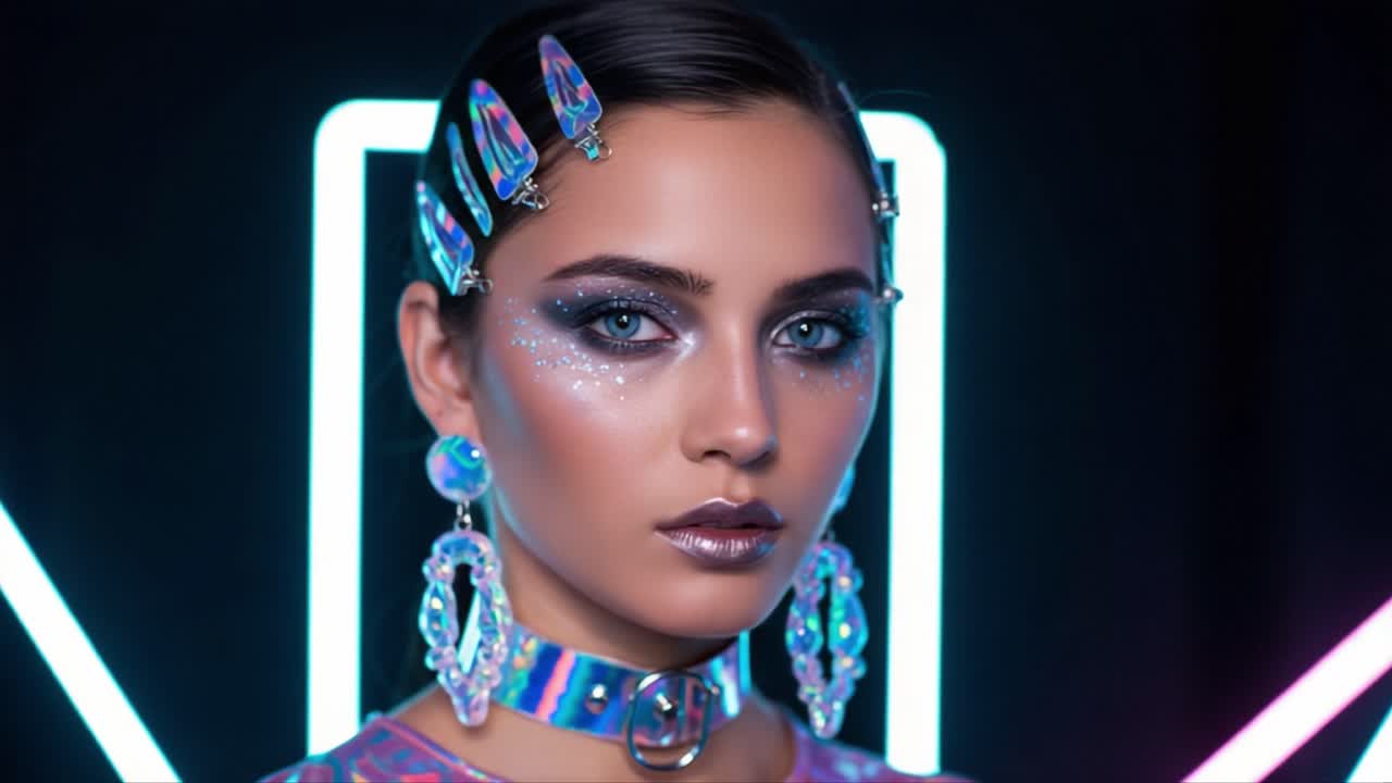 A Stunning Portrait of a Fashion Model With Futuristic Makeup, Sparkling Accessories, and Vibrant Neon Lights Creating an Eye-Catching Visual Experience