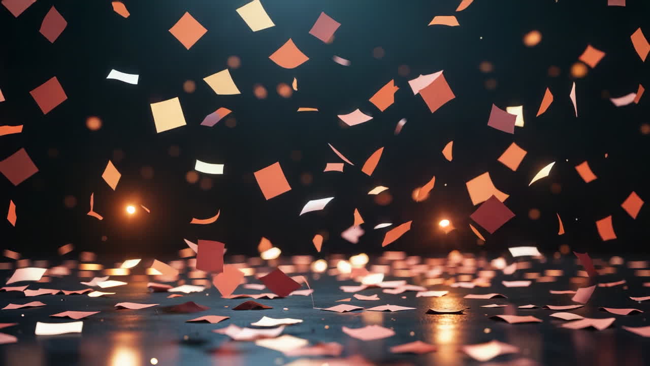 Falling Confetti on a Reflective Surface with Warm Lights