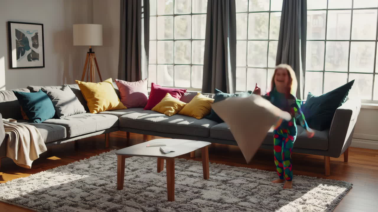 Joyful Child Playing and Jumping with a Pillow in a Cozy Living Room