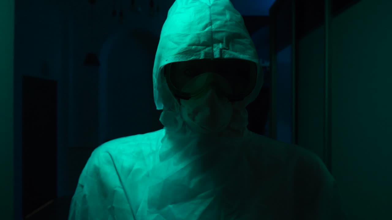 человек в защитном снаряжении в темной комнате