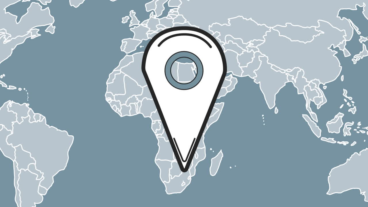 animación del icono de la etiqueta sobre el mapa del mundo en fondo gris.