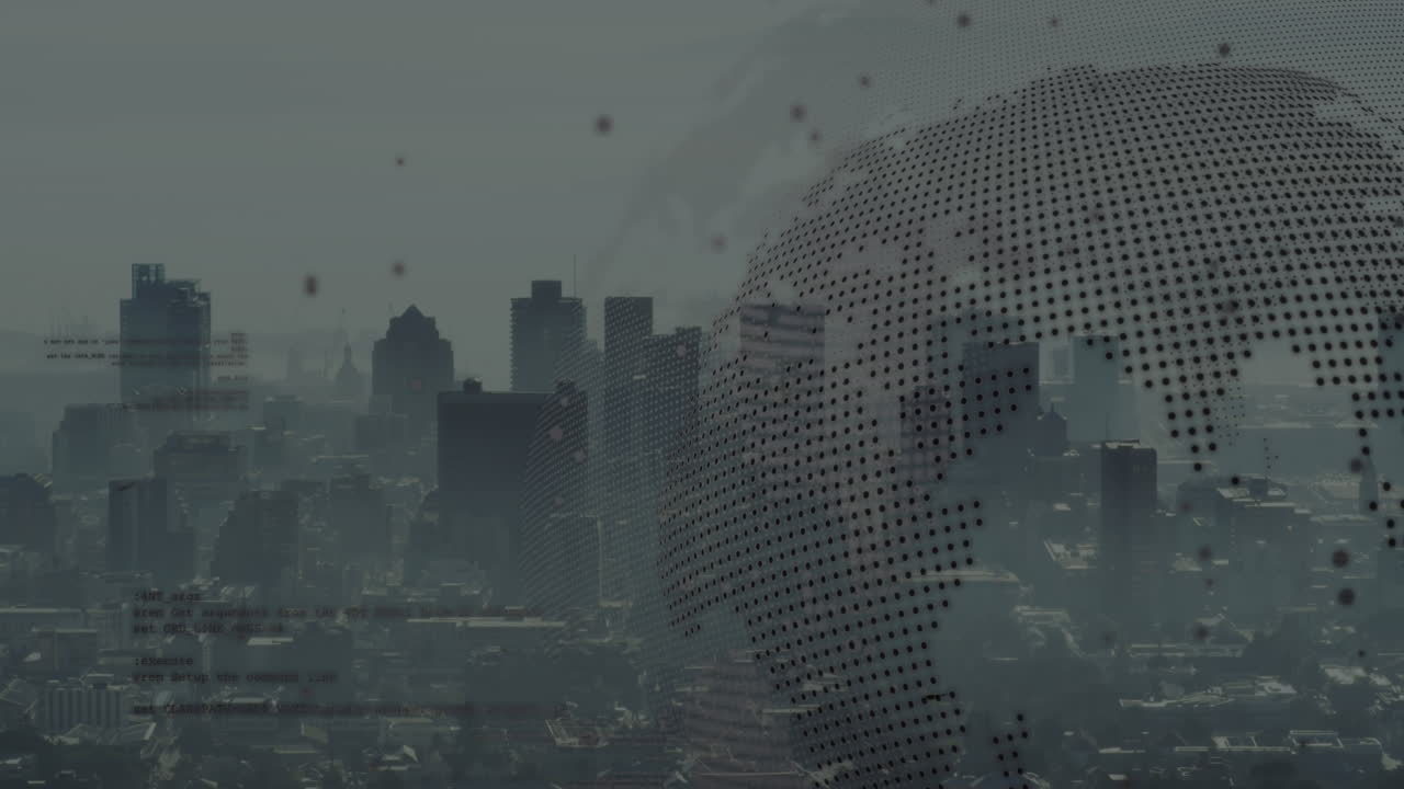 Animation of black spots, spinning globe and data processing against aerial view of cityscape