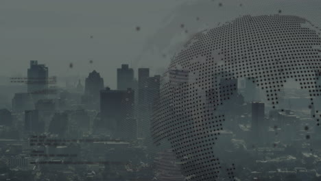 Animation of black spots, spinning globe and data processing against aerial view of cityscape