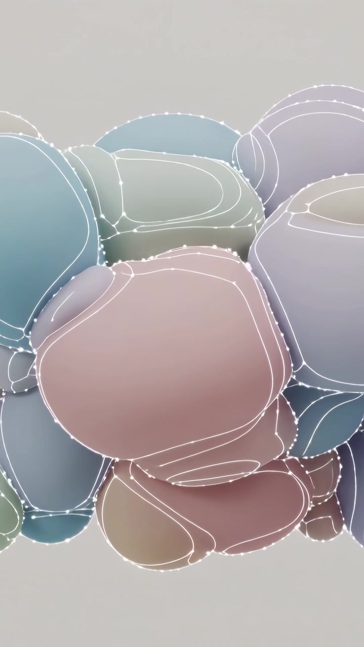 Vertical video: Turning pastel pebble cluster with dashed contours shifting on gray via animation