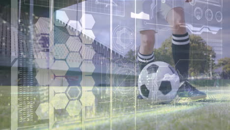 soccer player balancing soccer ball on grass pitch, showcasing hud hex grids and data readouts