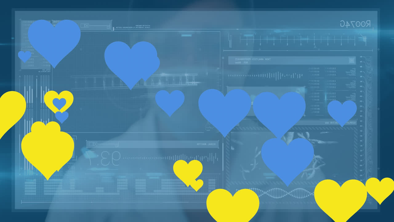 데이터 프로세싱의 애니메이션과 파란색과 노란색의 심장 두 인종 여성