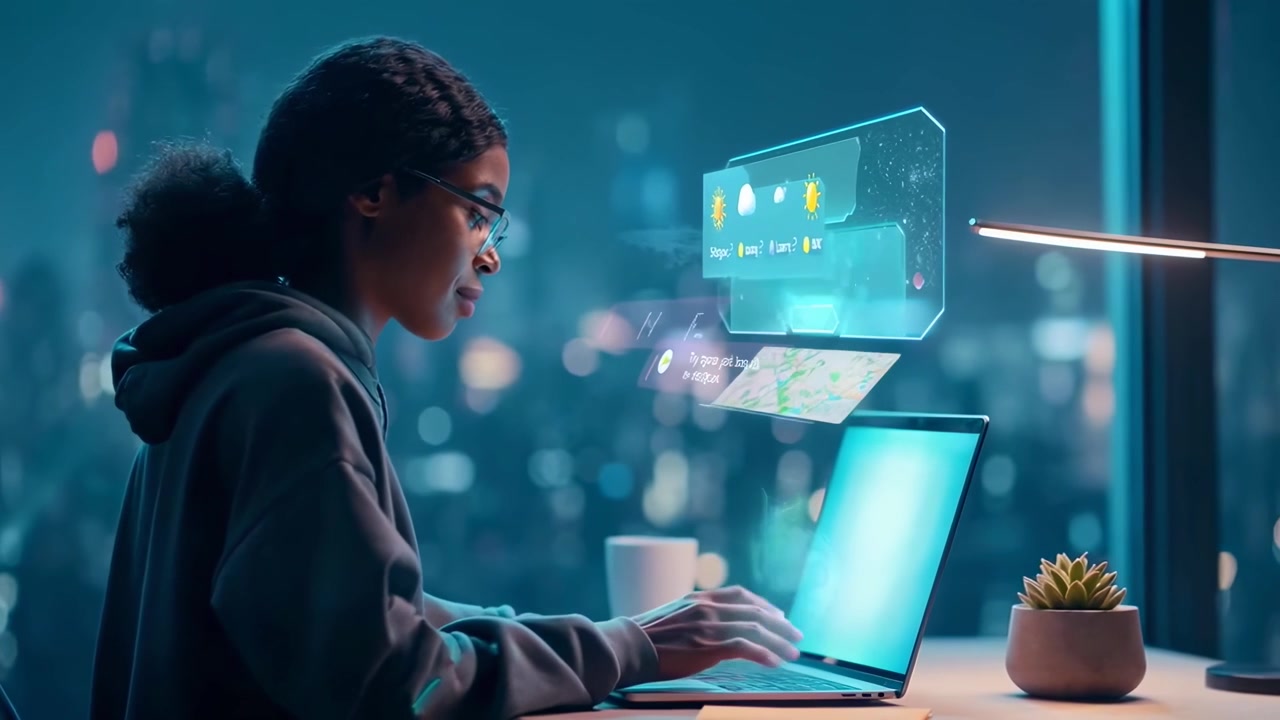 Young Woman Interacting with Holographic AI Assistant on Laptop at Night