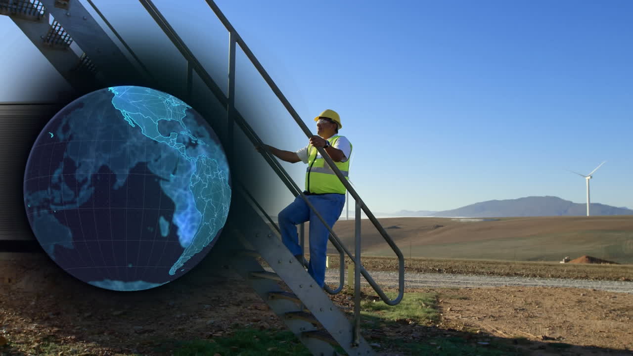 animación del globo sobre el ingeniero y la turbina eólica en el campo