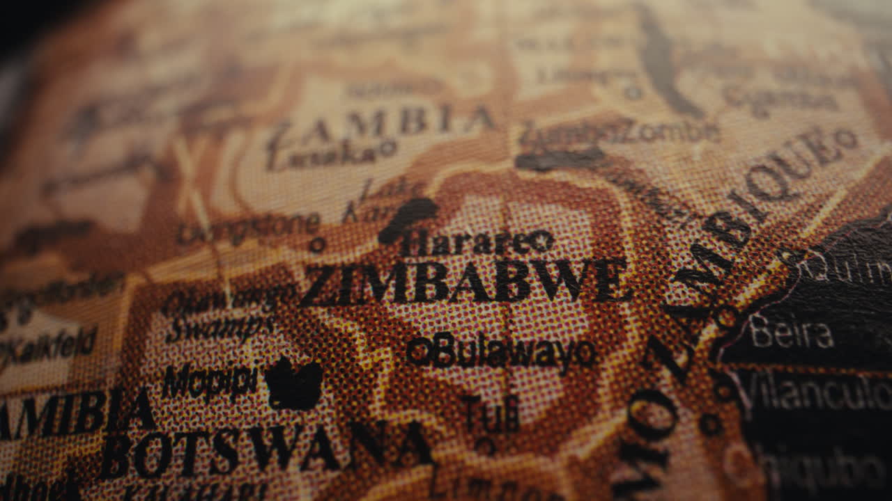 Close-up of a world map focusing on Zimbabwe