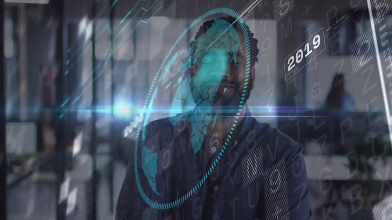 animación del procesamiento de datos financieros y el mundo sobre el empresario afroamericano en el cargo