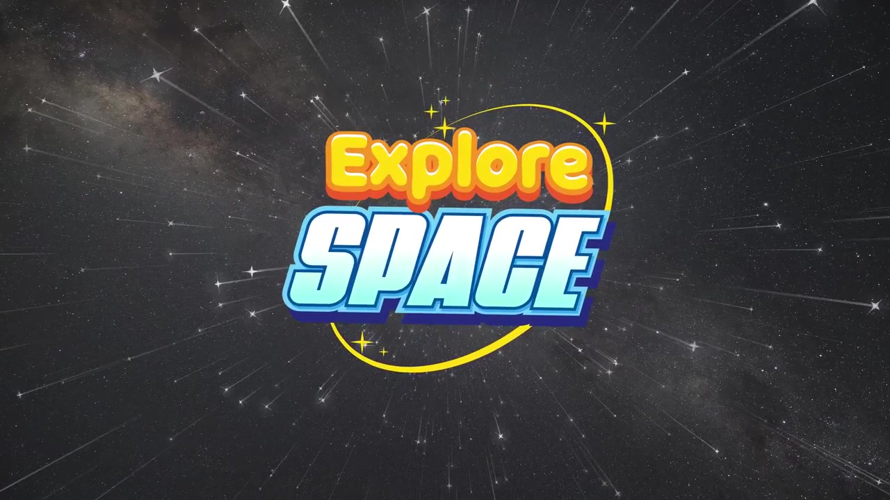 Logotipo de texto estilo caricatura flotando sobre un fondo cósmico realista con animación de campo de estrellas a la deriva