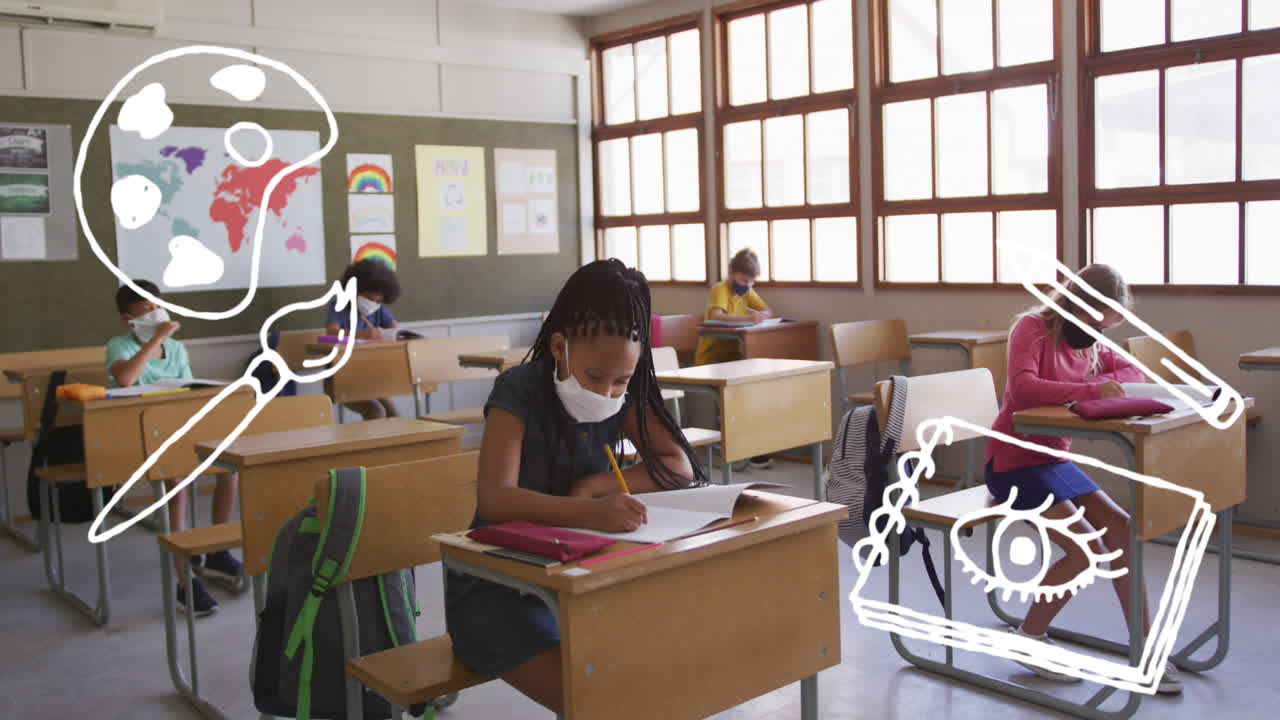 Ikon konsep sekolah dengan latar belakang anak perempuan Afrika-Amerika mengenakan masker wajah sedang belajar di sekolah dasar