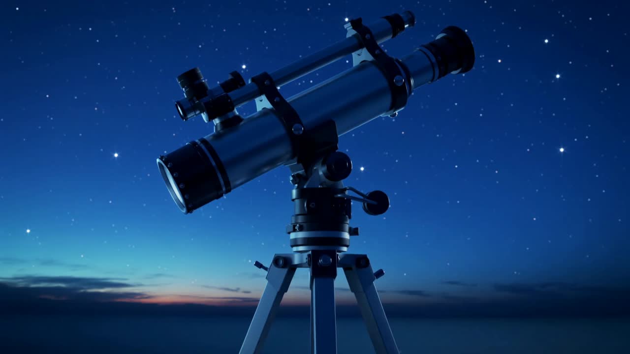 Telescopio refractor de seguimiento ajustando el soporte cerca de la orilla, con el crepúsculo desvaneciéndose para seguir una estrella brillante