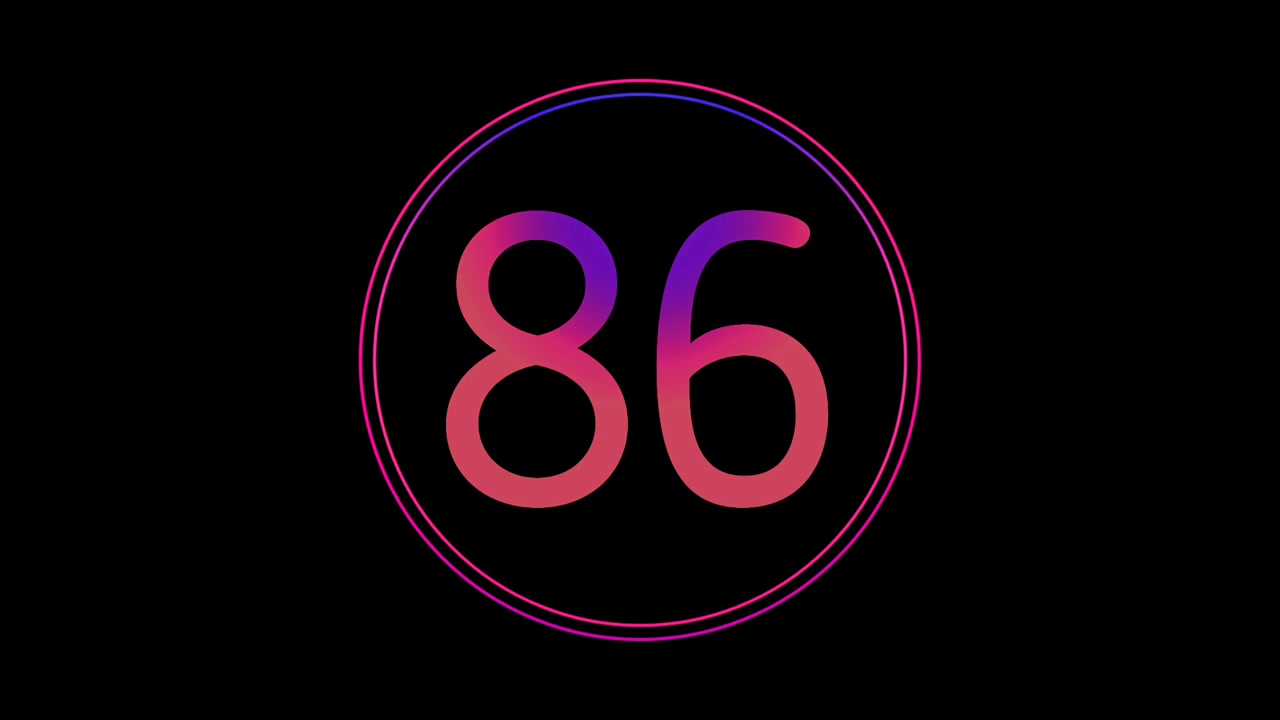 Animazione numero neon 86, lampeggiante luminoso, gradiente blu e rosa, loop numerico LED digitale futuristico, tecnologia astratta in cerchio luminoso, motion graphics, sfondo nero moderno e minimale.