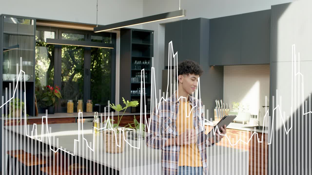 Adult male tapping tablet in kitchen, causing vertical bars and waveform rising, monitoring music