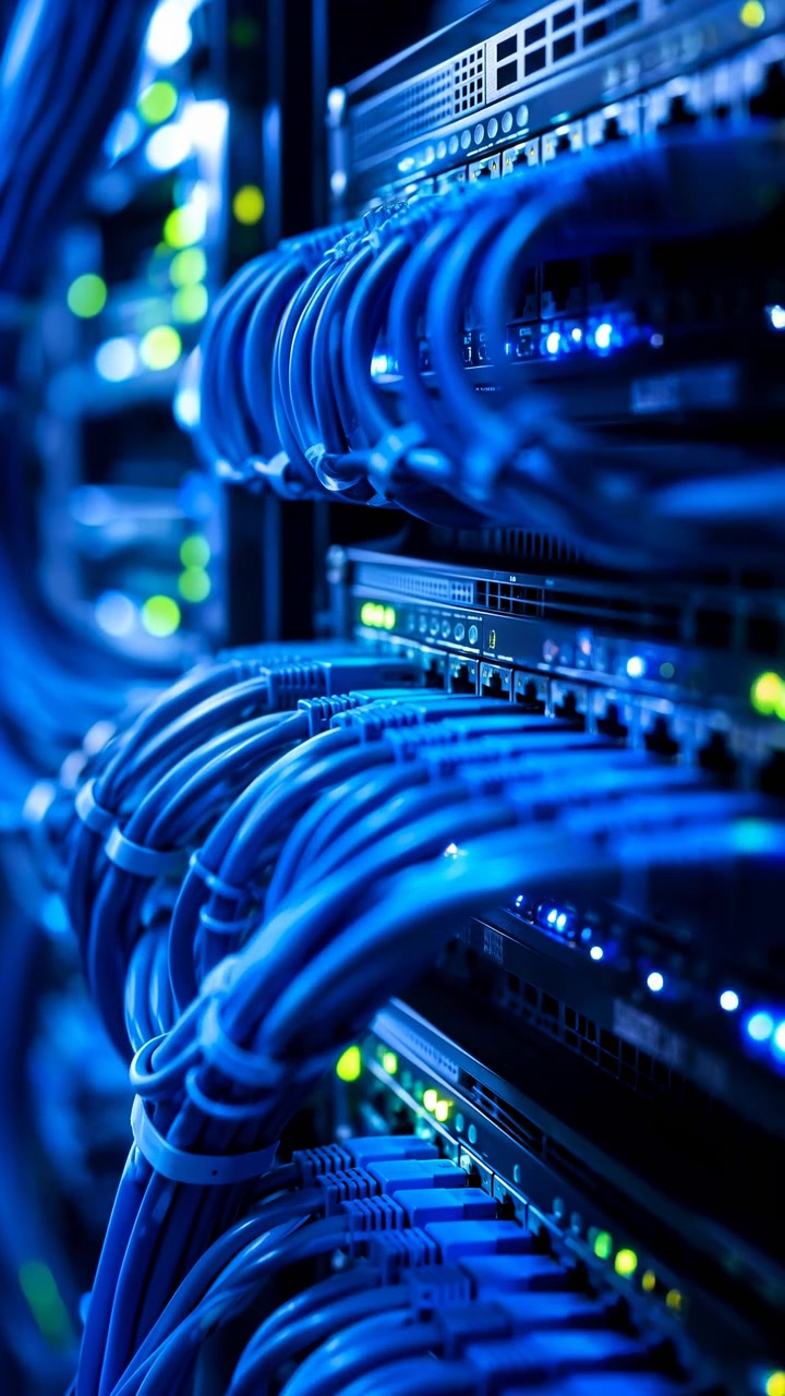 Vista ravvicinata di rack server illuminati pieni di cavi di rete blu ordinatamente collegati, luci di stato luminose e attrezzature sfocate sullo sfondo di un