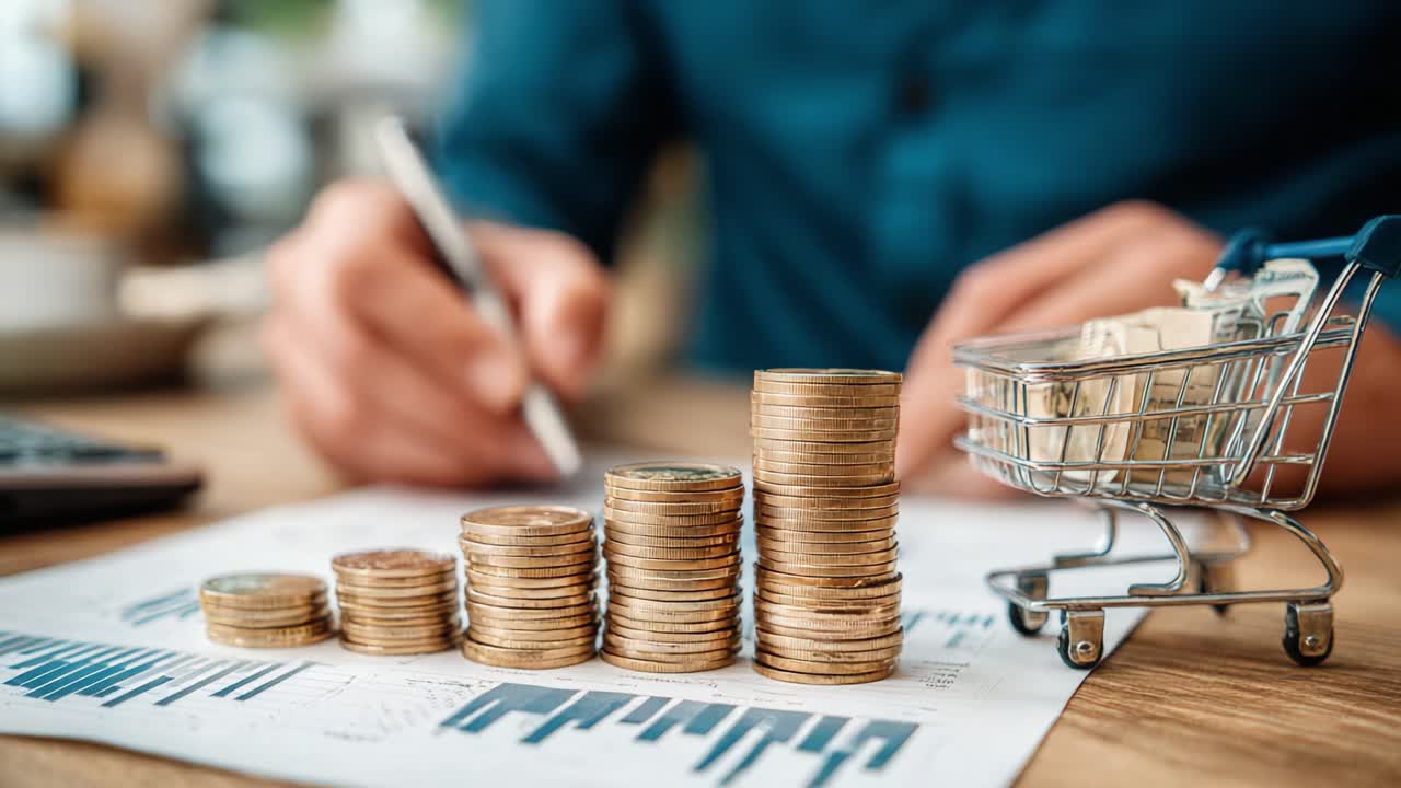 Análise de Tendências Financeiras: Um Olhar Detalhado sobre Moedas Empilhadas e Ilustração de Carrinho de Compras em Estratégia de Orçamento e Investimento