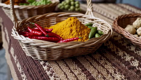 spices and vegetables in baskets on a woven tablecloth