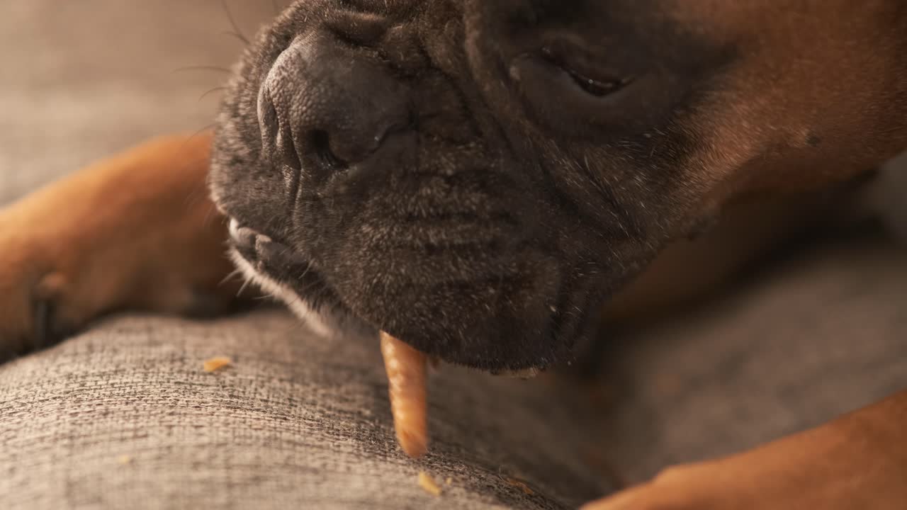 Cute Boxer dog eating chicken leg on pet bed, close up