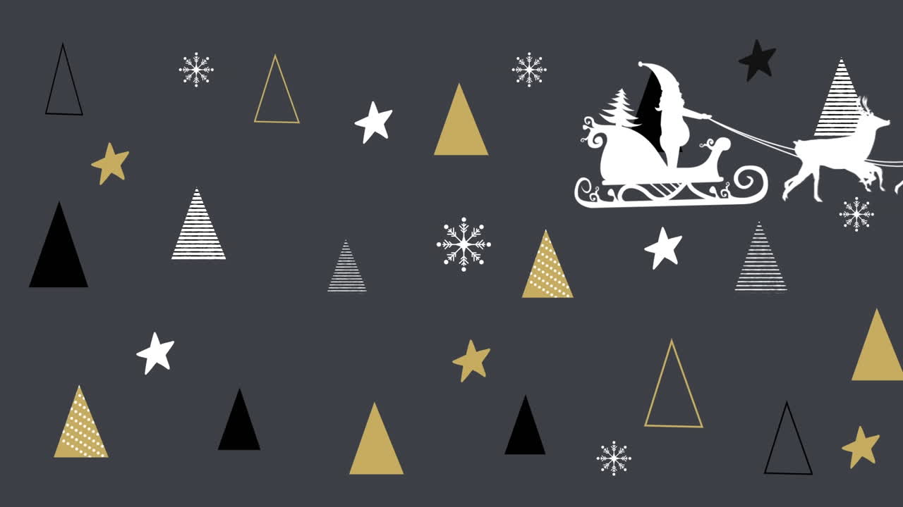 animación de árboles de navidad y santa en trineo con renos en fondo negro
