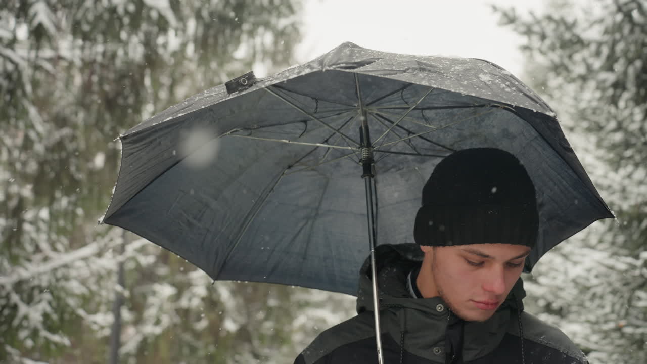 Un homme sous un parapluie contemplant une forêt enneigée, expression introspective lors d'une promenade hivernale tranquille, bonnet et veste, lumière tamisée et couverte, flocons délicats, portrait cinématographique de solitude