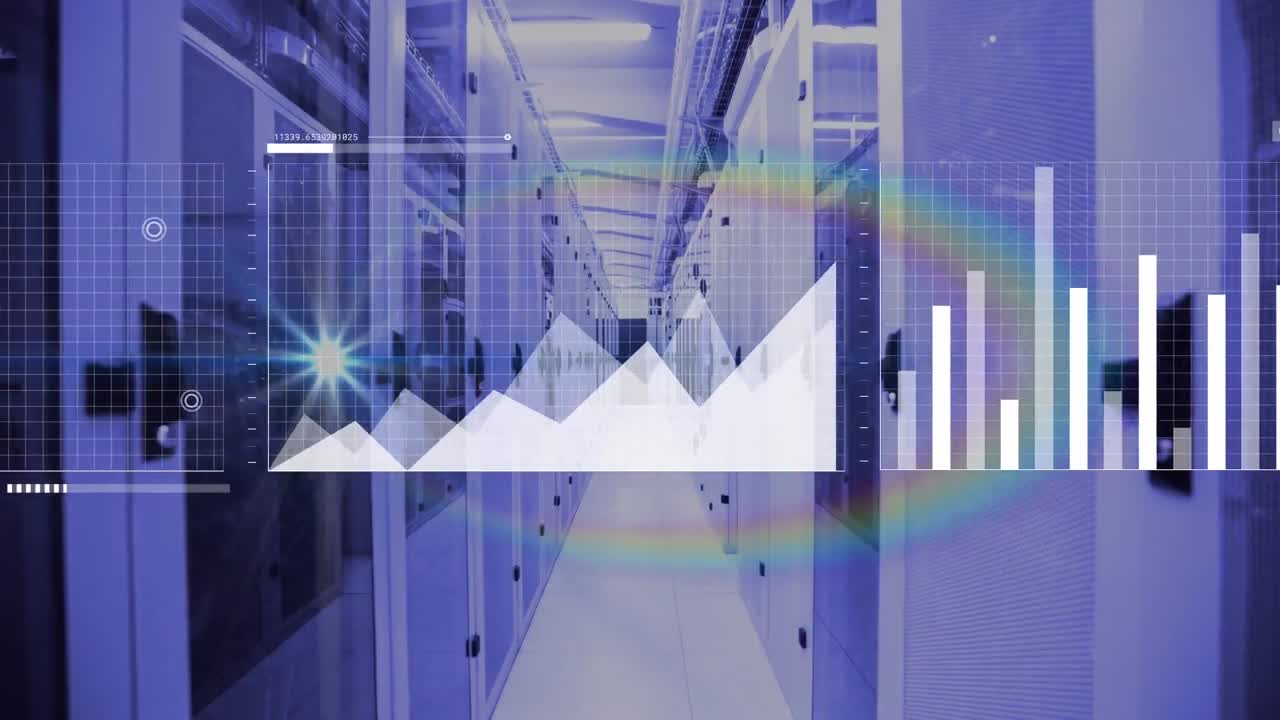 Animation of interface with statistical data processing and rainbow lens flare against server room
