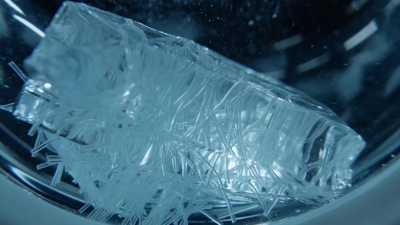 Un bloque de hielo rectangular transparente descansa dentro de un recipiente metálico reflectante, rodeado de escarcha y hebras heladas bajo una iluminación azul fría.