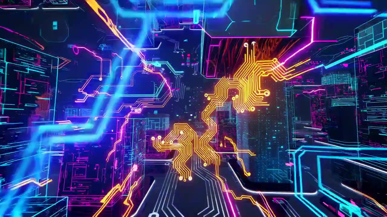 Abstract Digital Cityscape with Glowing Circuit Lines and Lightning