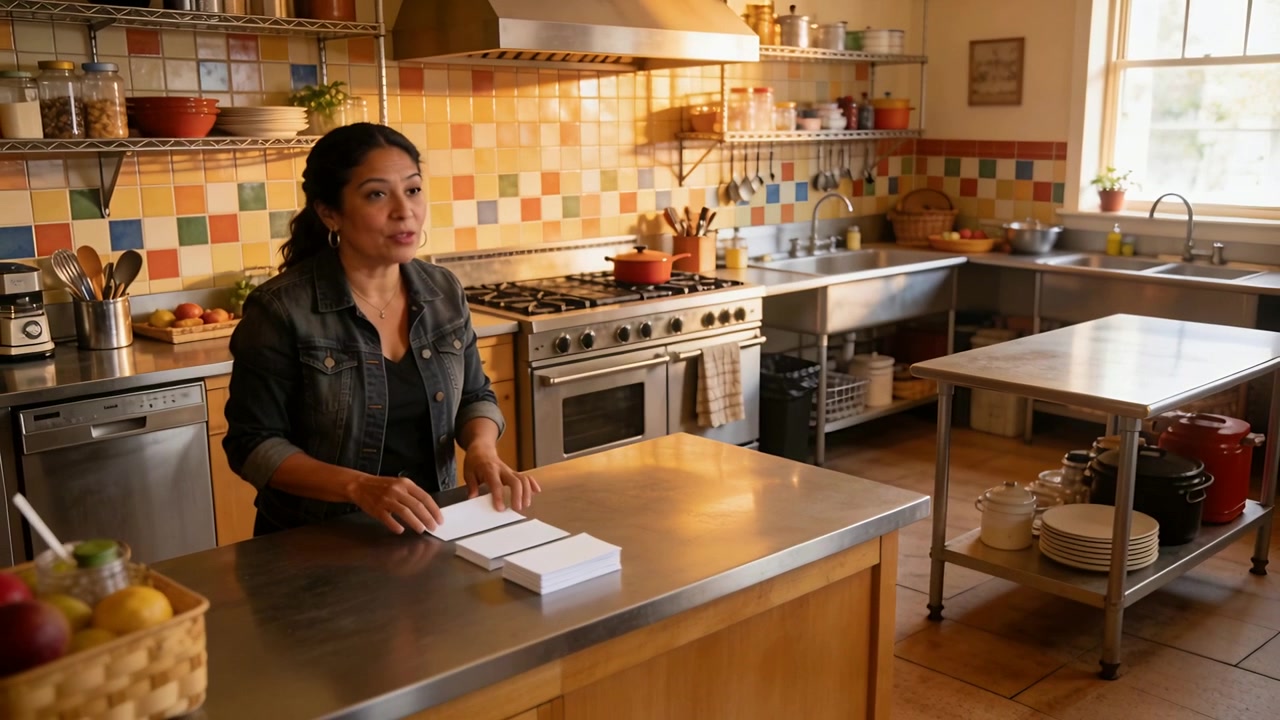 Mulher organizando cartões brancos em uma bancada de cozinha