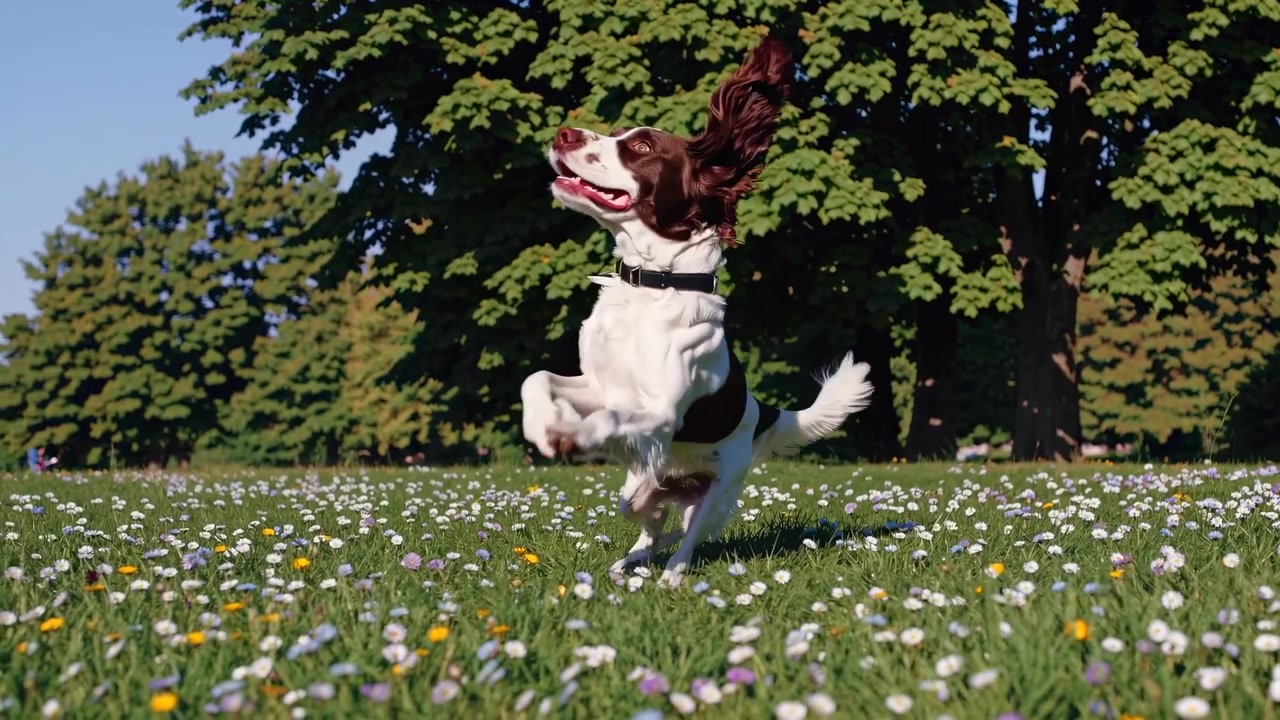 Springer Spaniel inglese che corre e gioca in un prato soleggiato