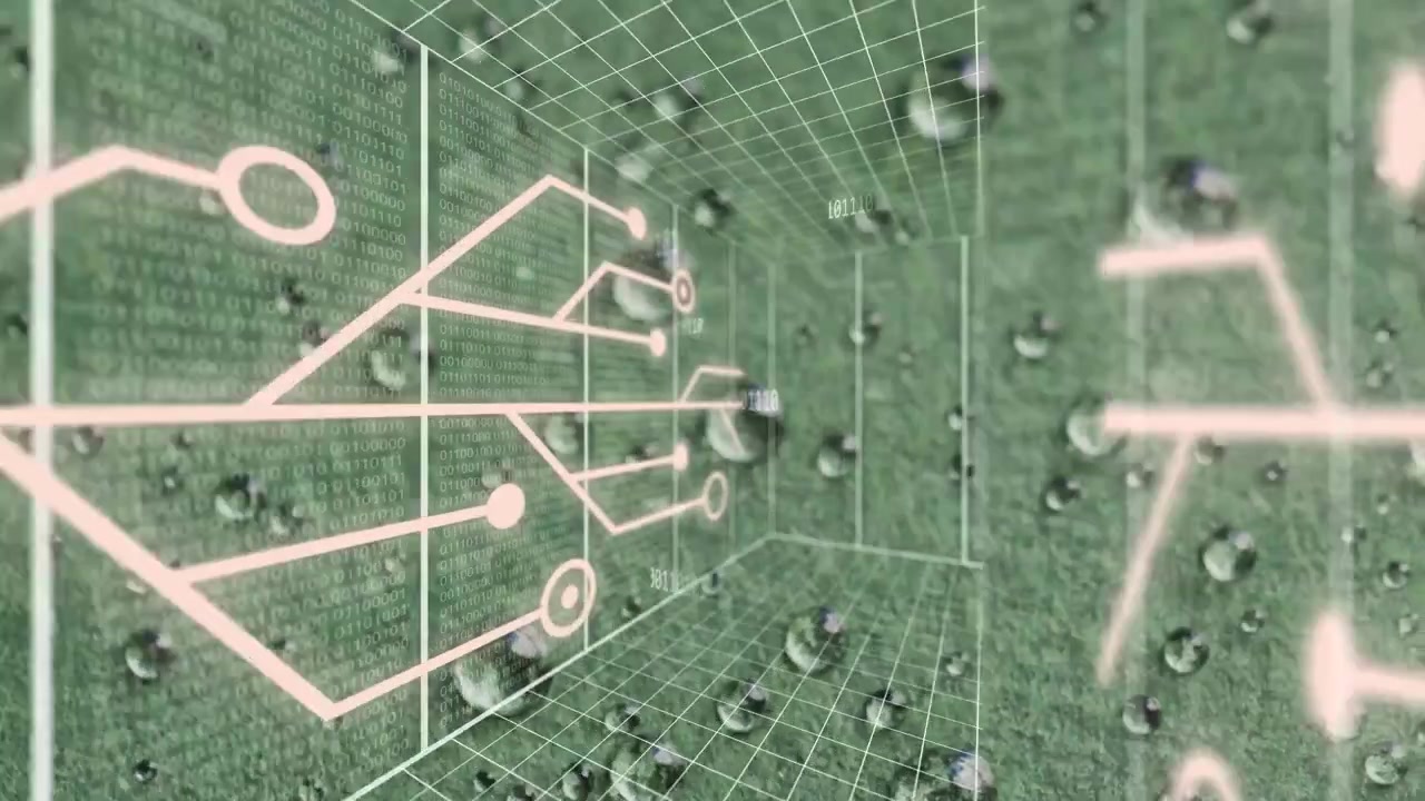 Camera moving forward, rotating, green cube revealing tech circuit for immersion as beads drifting