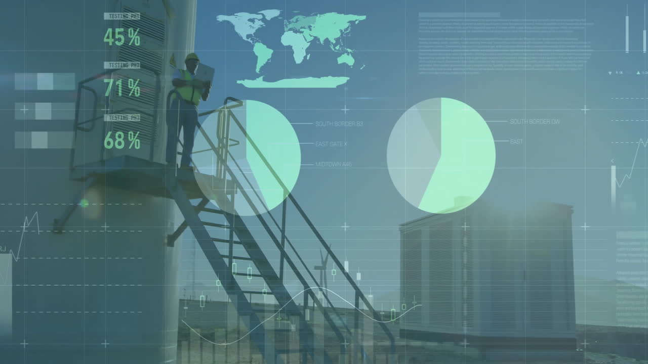 Male worker monitoring HVAC data on tablet while animated charts and world map overlaying rooftop