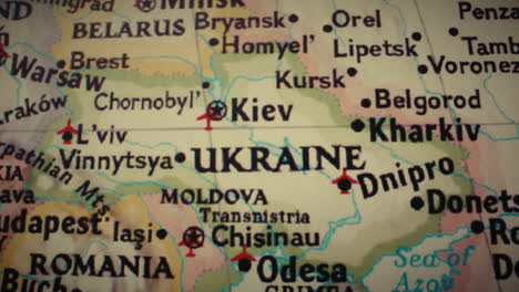 close-up of a political map of ukraine and eastern europe