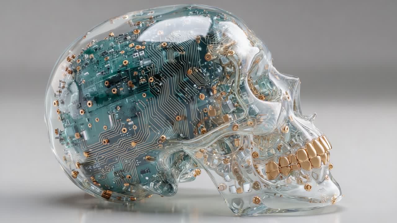 A Futuristic Fusion of Technology and Art: A Transparent Skull Sculpture with Intricate Circuit Patterns Representing the Intersection of Biology and Innovation