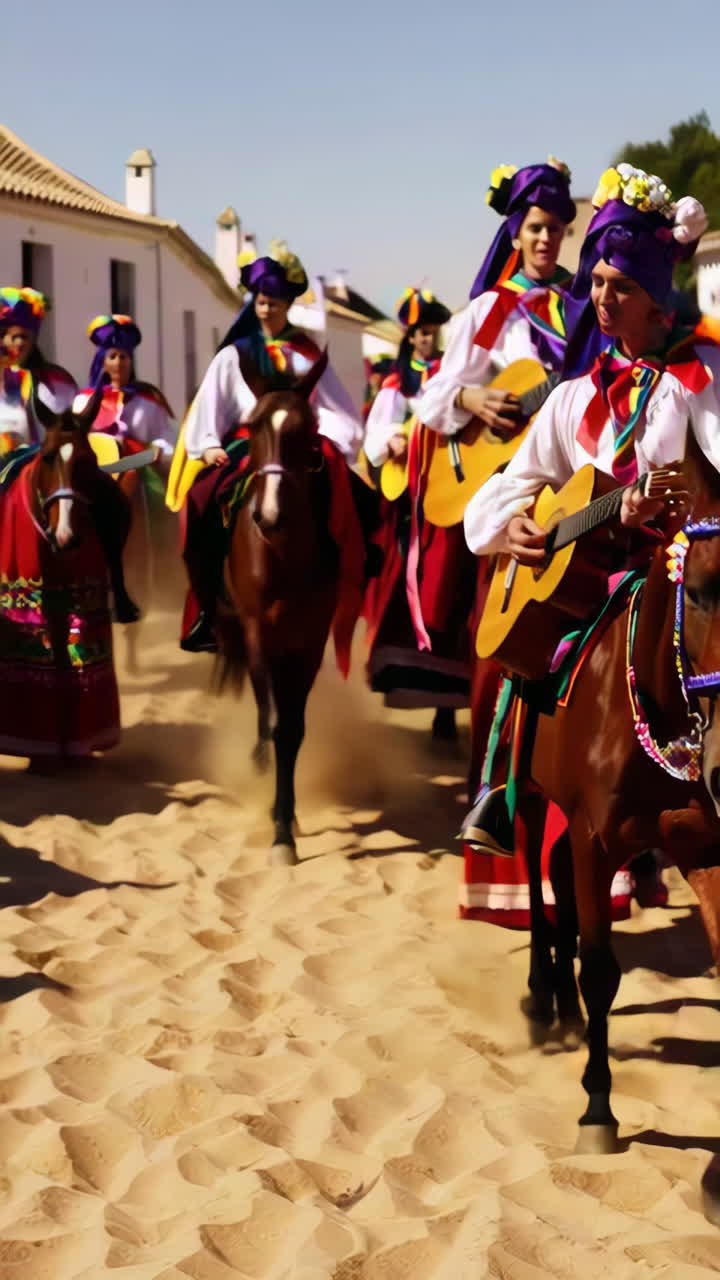 Women in Traditional Attire Riding Horses and Playing Guitars in a Cultural Procession