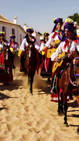 women in traditional attire riding horses and playing guitars in a cultural procession