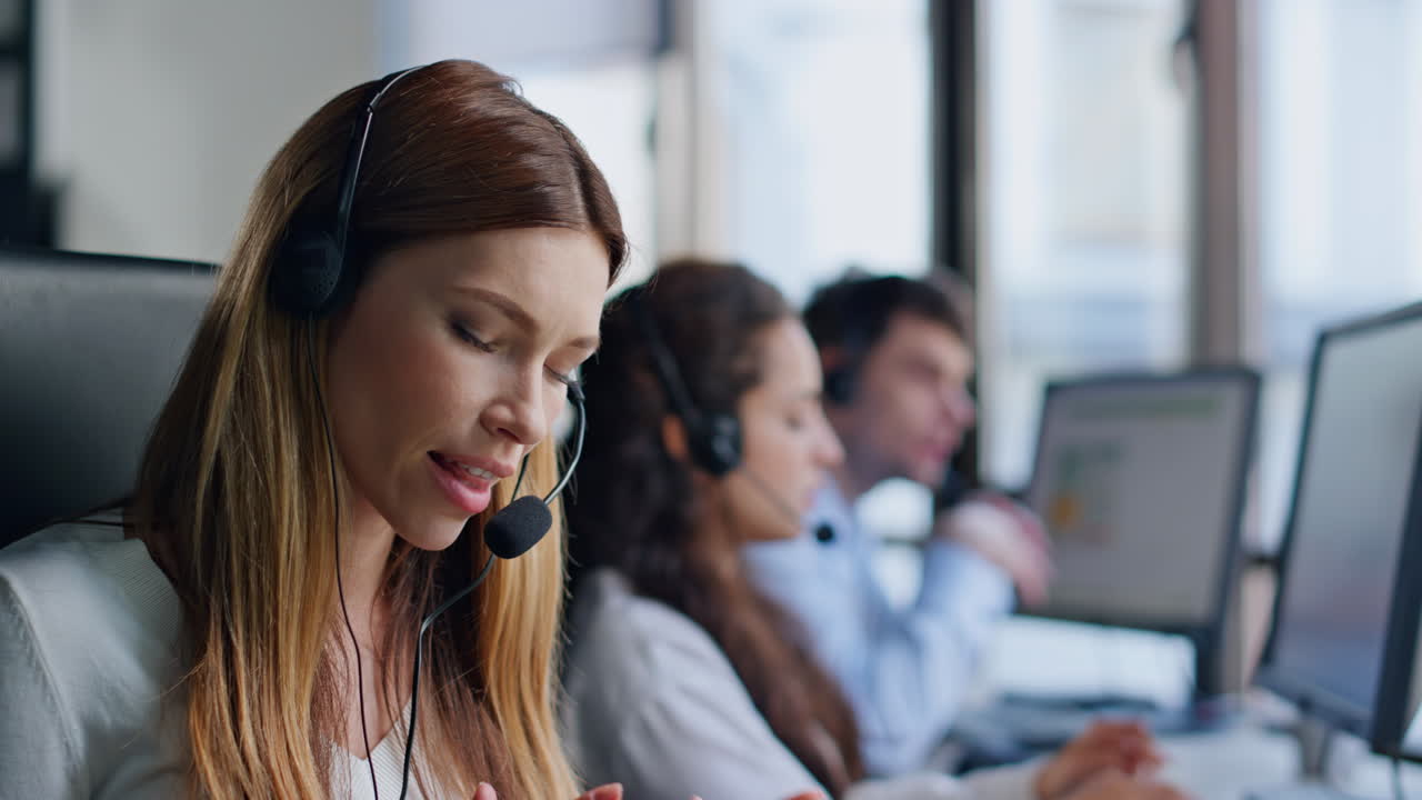 Annoyed telemarketing operator talking client closeup. Angry woman listening