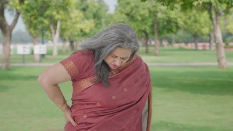 Sick-Indian-old-woman-suffering-from-back-pain-in-park