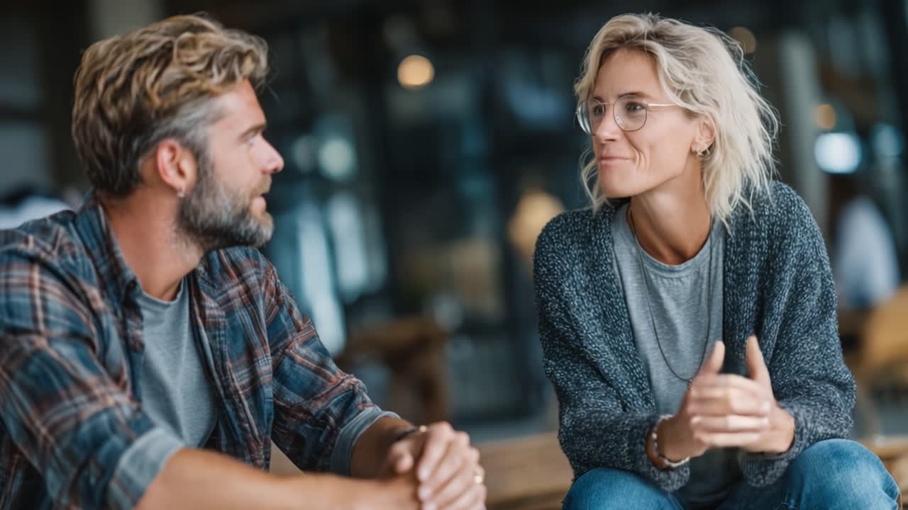 En livlig samtale mellom to venner, som fremhever tilknytning og engasjement med autentiske uttrykk og ekte smil i avslappede omgivelser
