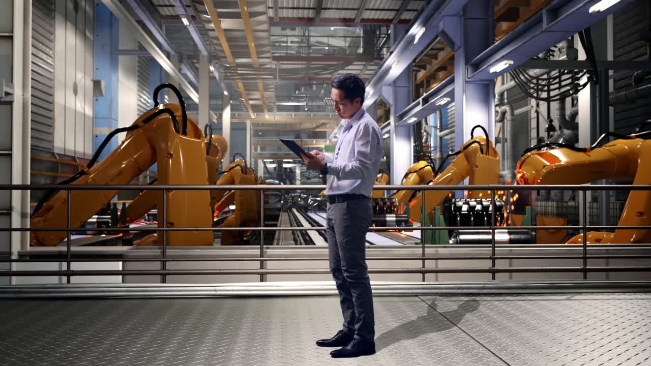 Full Body Side View Of An Asian Male Professional Worker Standing With His Tablet With Industrial Robotic Arms Working, He Is Nodding His Head With Dissapionted