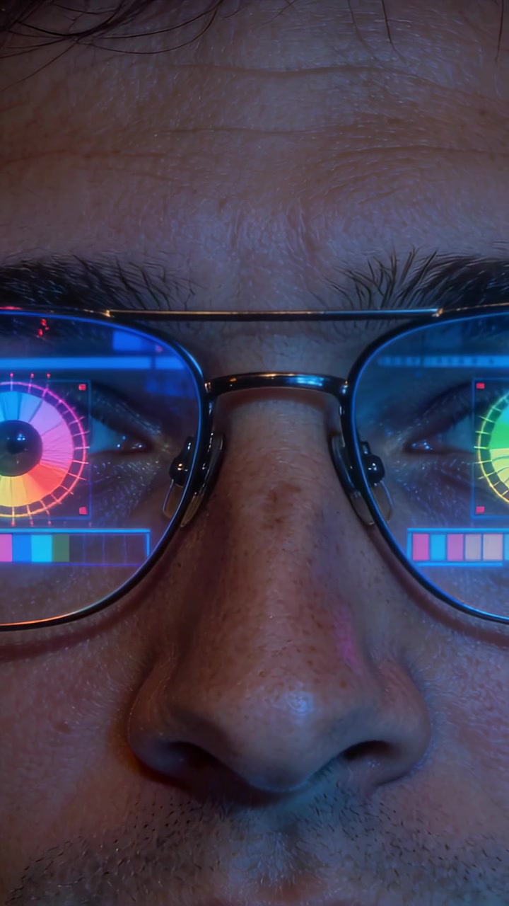 Vertical video: Reacting to HUD, man in metal aviators holding gaze at desk, glow shifting