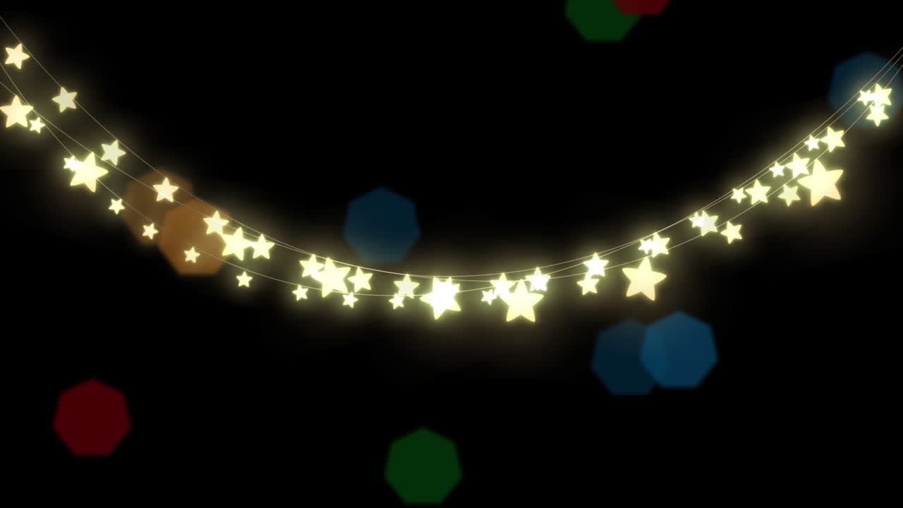 Animation of glowing string on stars and christmas fairy lights flickering