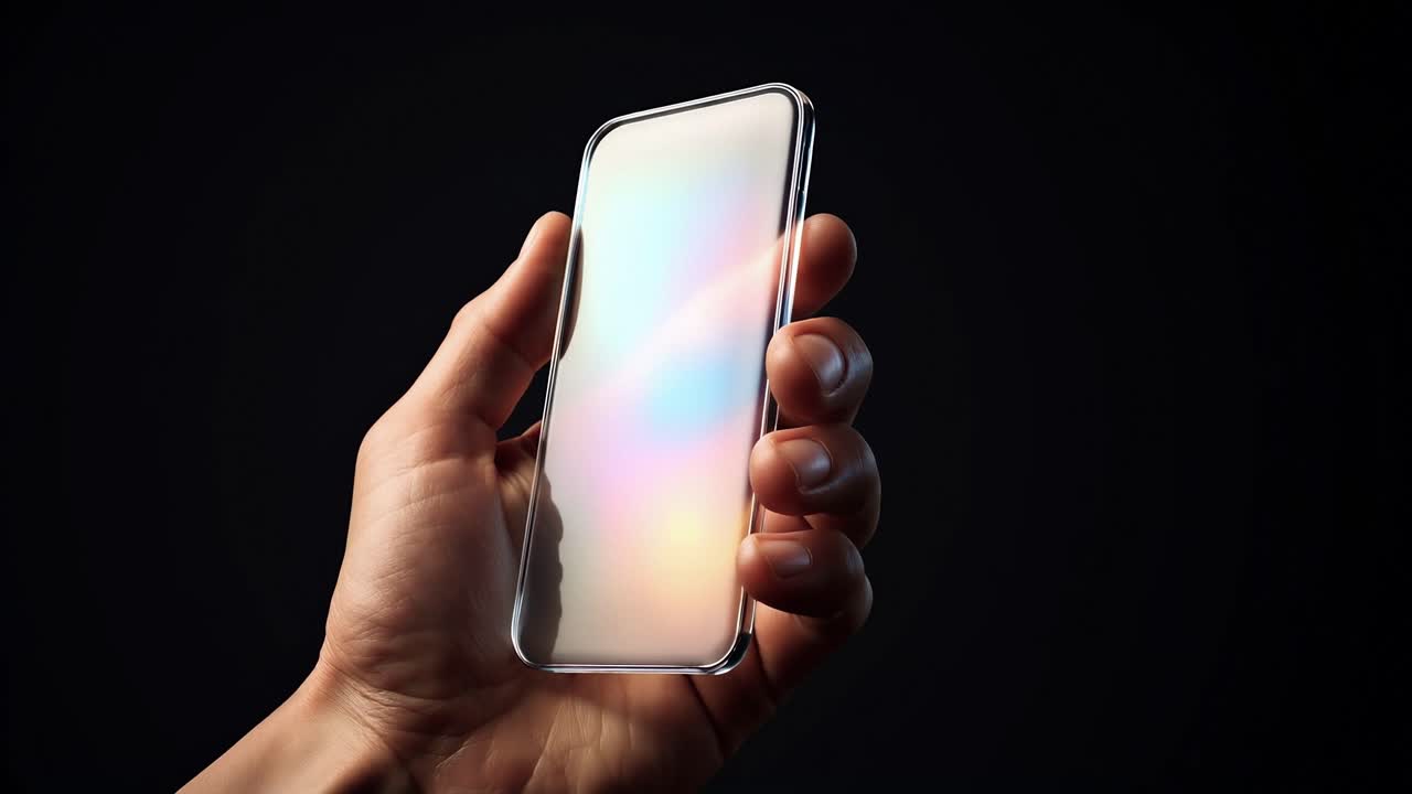 Mano che tiene uno smartphone con schermo a gradiente di colore cangiante