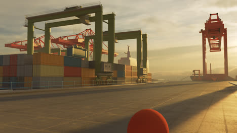 animation of worker in a busy maritime container harbor terminal with many cranes, ships and cargo boats. transportation of commercial goods through sea. exporting and importing.