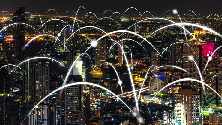 Smart digital city and globalization abstract graphic showing connection network