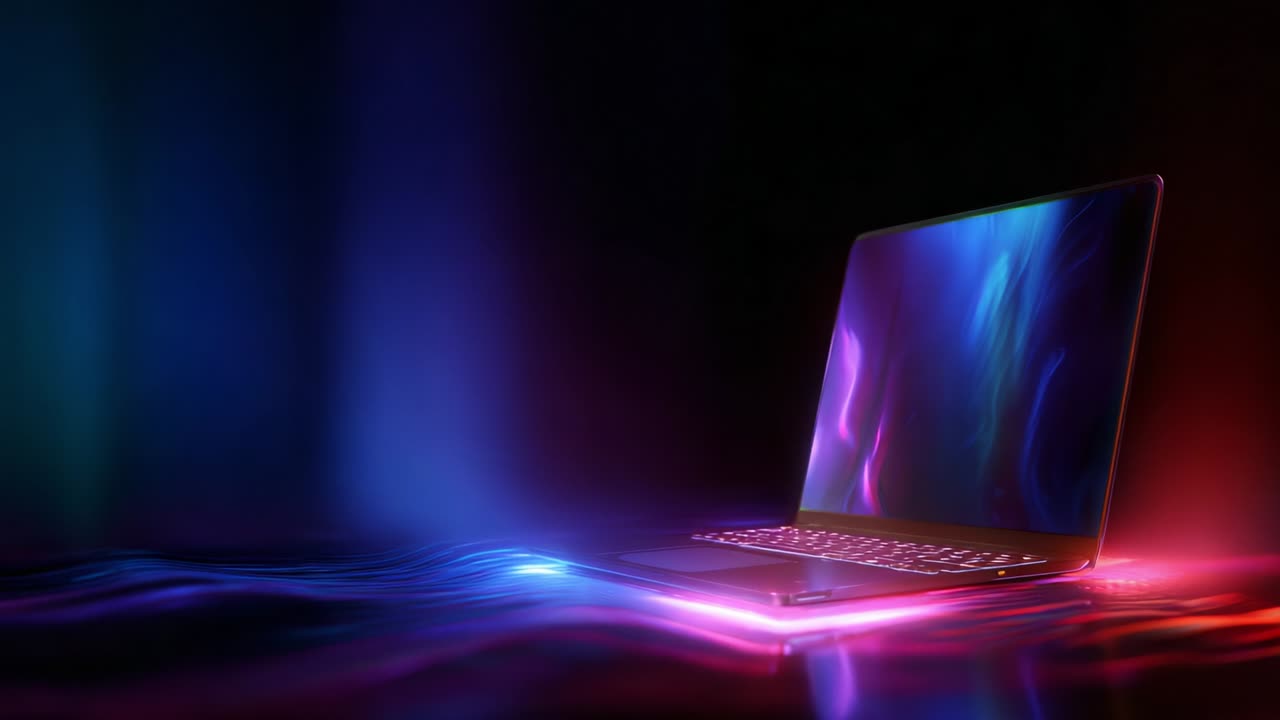 A Stylish and Futuristic Laptop Set Against a Vividly Colored Background Emitting a Bright Glow, Surrounded by Surreal Light Waves, Showcasing Modern Design and Technology in an Artistic Presentation