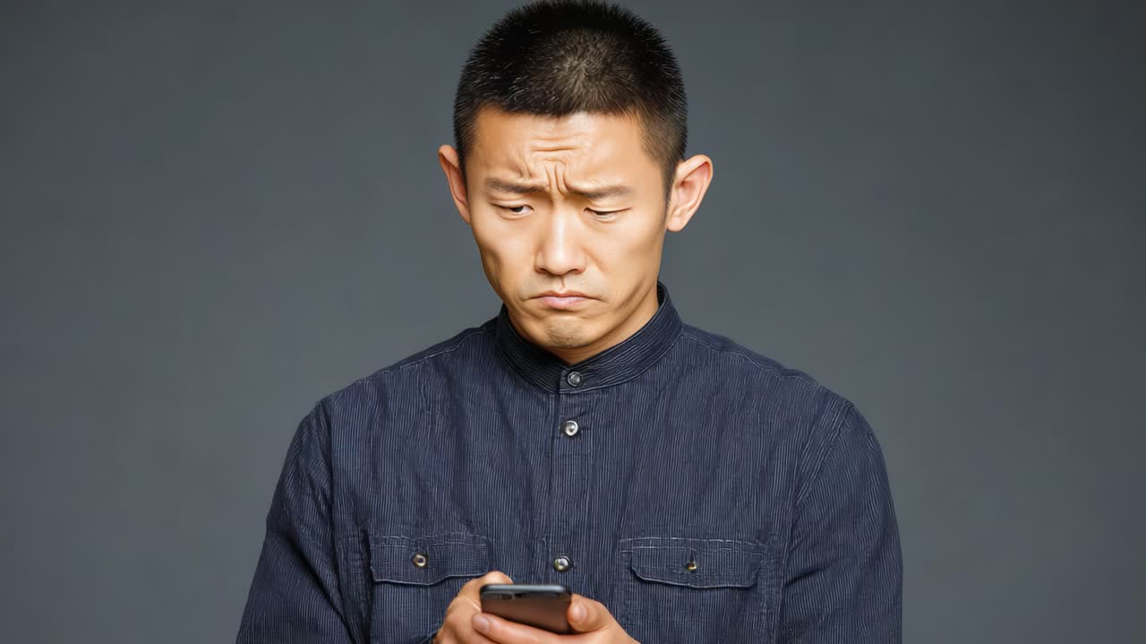A man displays a thoughtful expression while looking at his smartphone, conveying deep contemplation or concern in a neutral backdrop that emphasizes his facial emotions